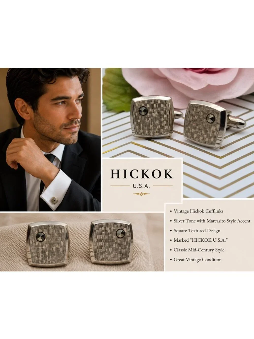 Vintage Hickok USA Cufflinks Gold Tone Marcasite Mid Century Square Classic .75